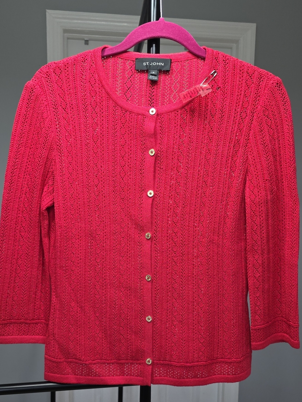 St. John Hot Pink Openwork Knit Button-Front Cardigan